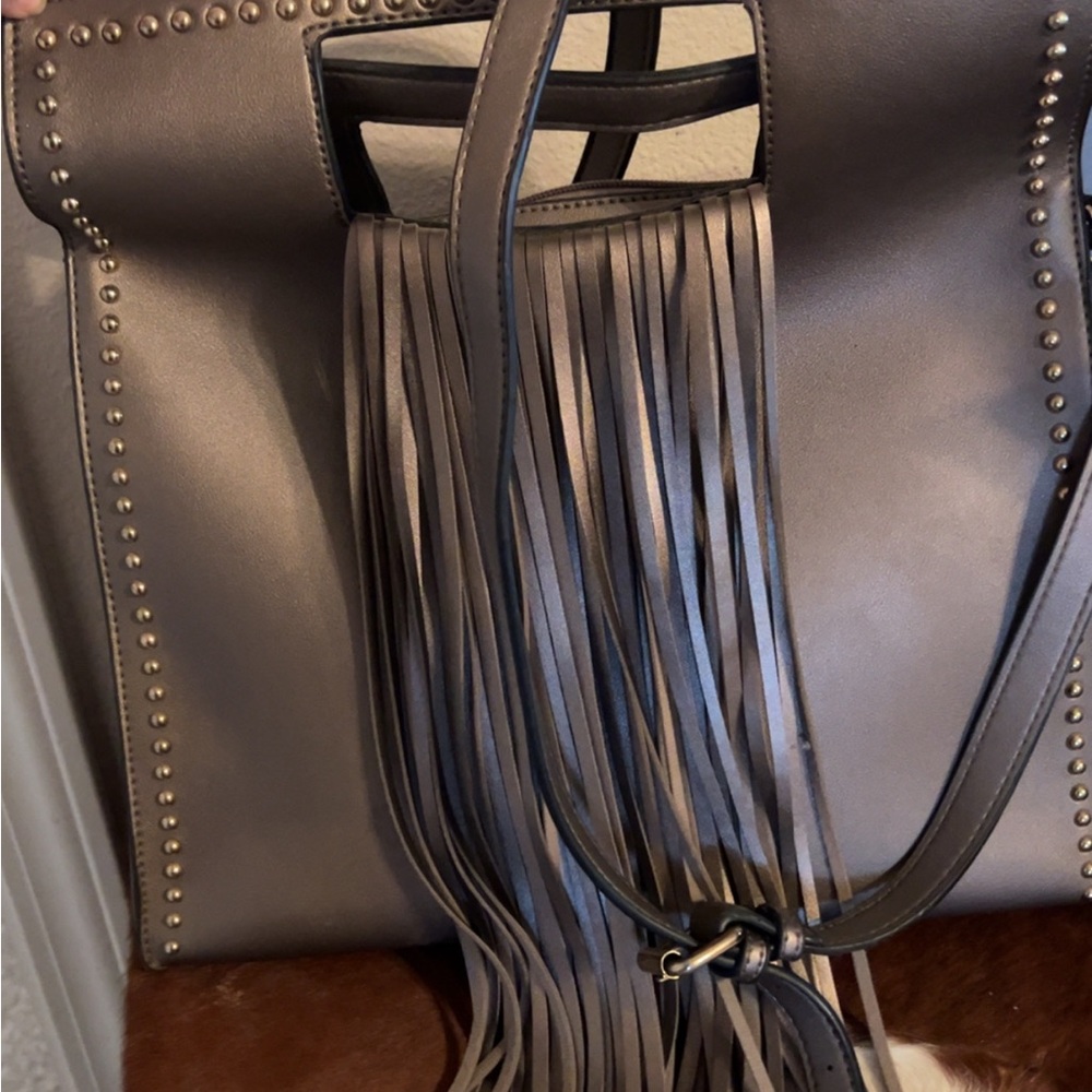 Studded Gray Fringe Tote purse